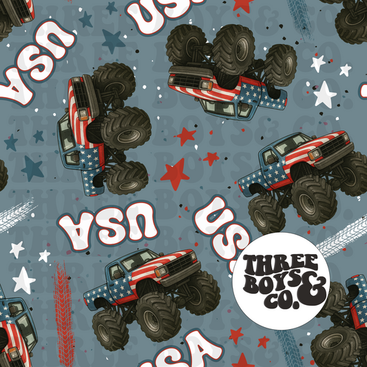 Red white monster trucks blue seamless
